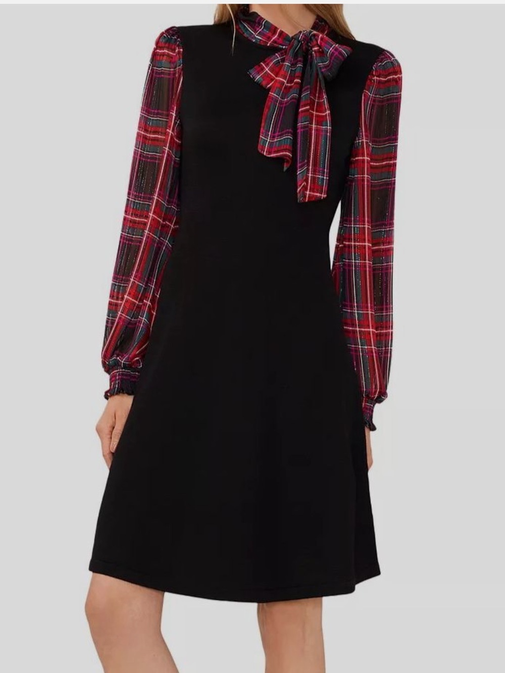 CeCe Black Tartan Bow Tie Mixed Media Sweater Dress